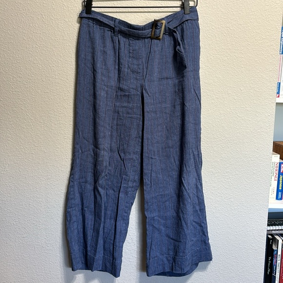 J. Jill Pants - J Jill Linen Stretch Blue Denim pinstriped orange Small waist tie paperbag pants